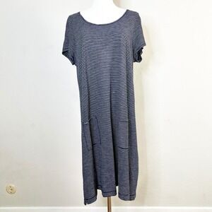 Eileen Fisher Navy Blue White Striped Knit Midi T-Shirt Dress Large Hemp Pocket